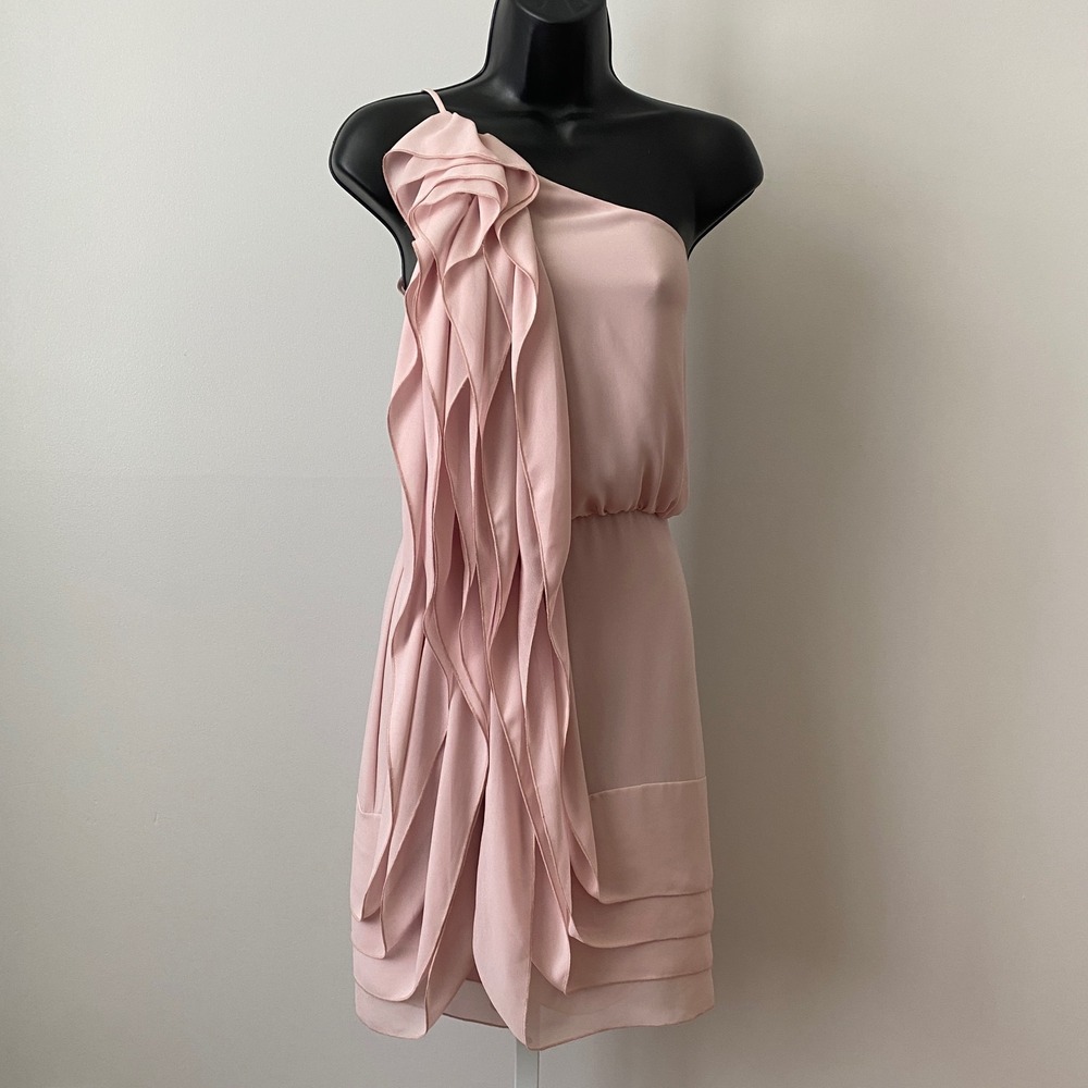 BCBGMAXAZRIA One Shoulder Ruffle Cocktail Party Mini Dress S Pink